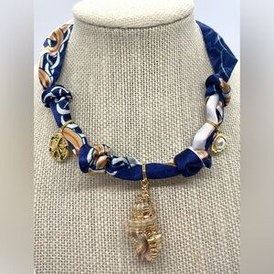 Navy Blue White Gold Mod Satin Scarf Necklace Gold Pearl Charms Festival Preppy